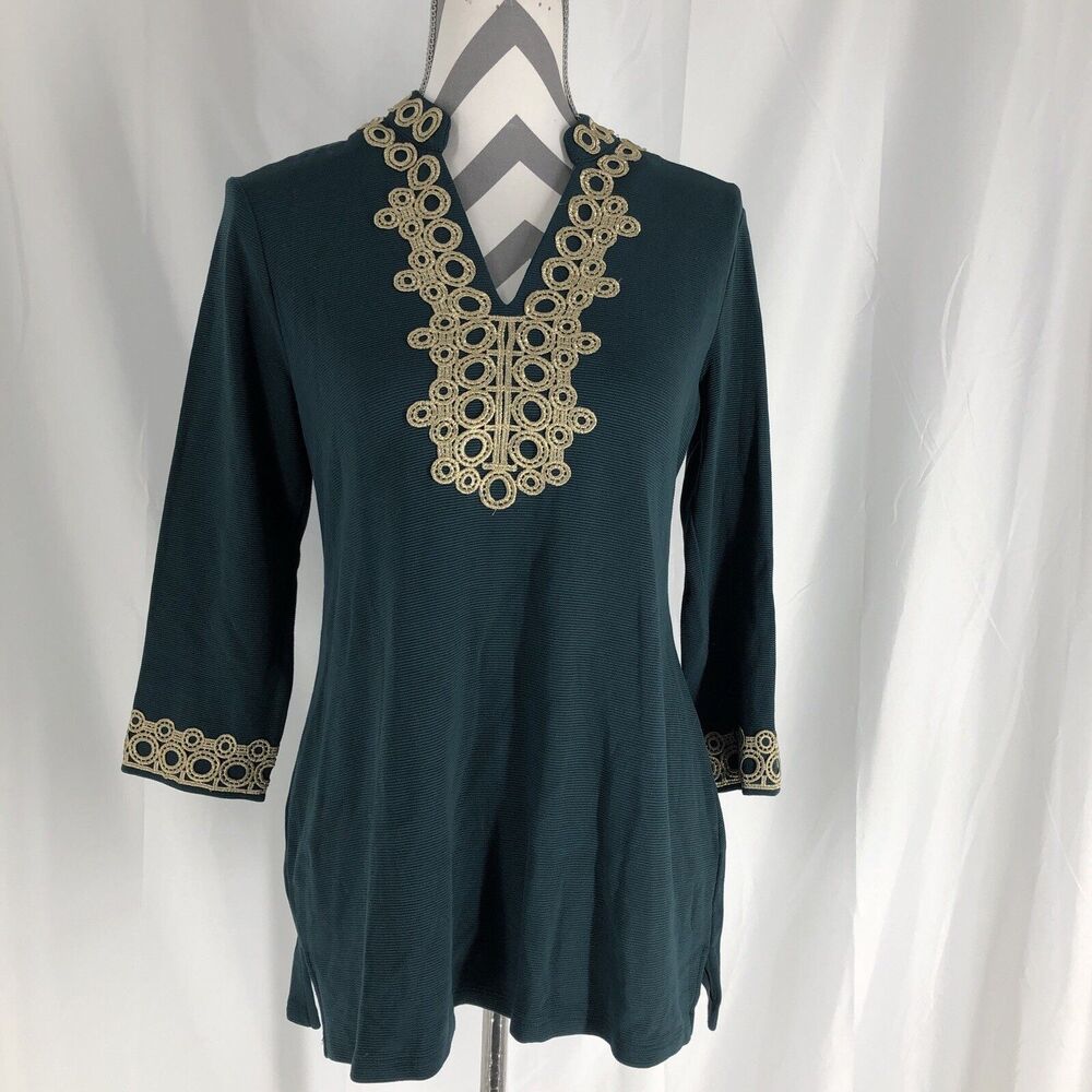 Charter Club Womens Small Tunic Top V Neck 3/4 Sleeve Green W/ Gold Embroidery